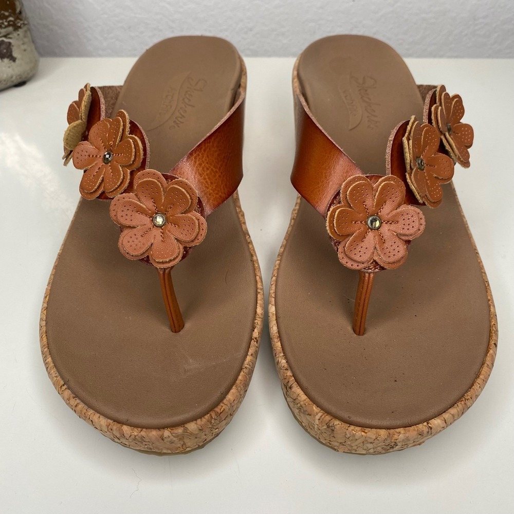 Skechers Cali Rare Blossom Wedge Sandals Brown Arch Fit Cork Flip Flops Size 8 - Picture 4 of 11